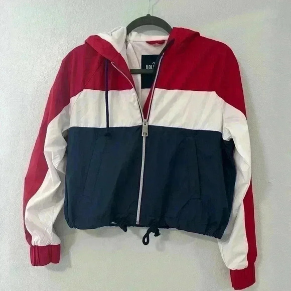 130.Hollister Color Striped Cropped Windbreaker Jacket Women’s XS Red/White/Blue - Picture 2 of 5